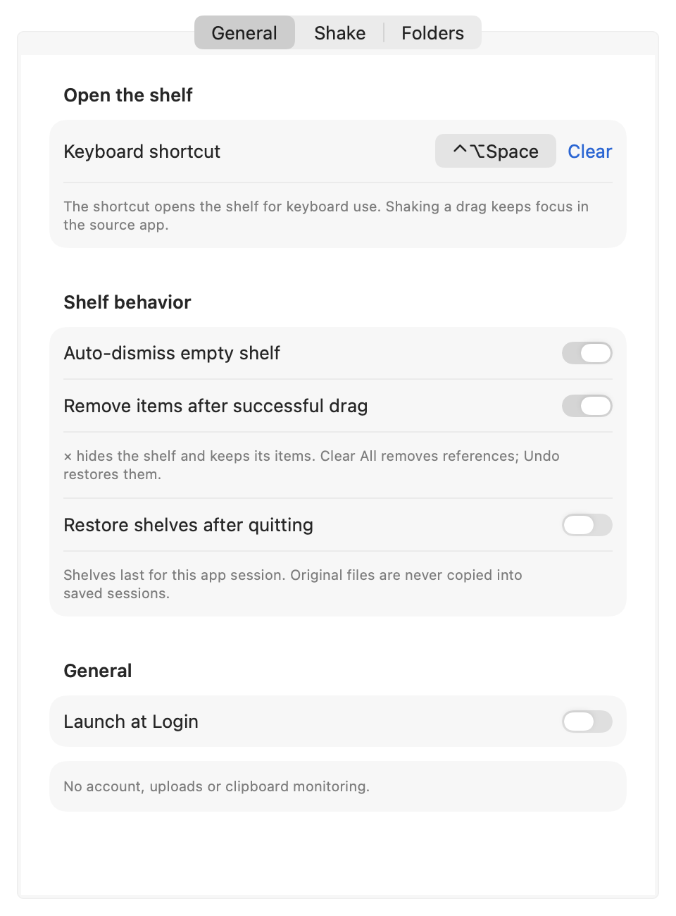 Cửa sổ Settings: phím tắt Control-Option-Space, tùy chọn ẩn khay trống, không tài khoản.