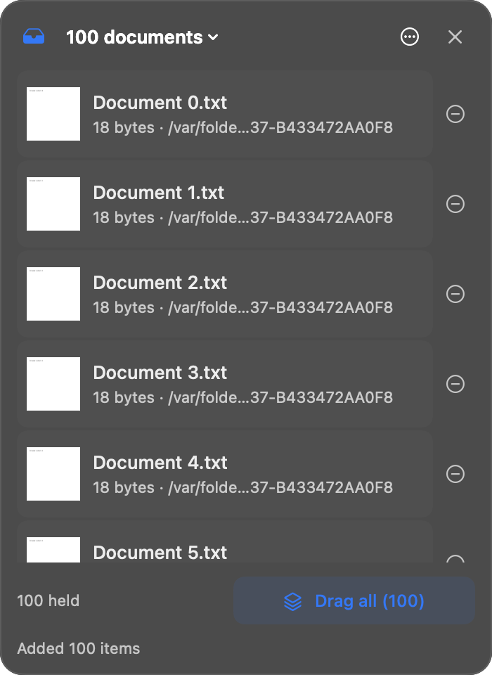 Khay Draglet Dark Mode đang giữ 100 file, thanh Drag all nằm ngoài vùng cuộn.