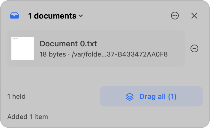 Khay Draglet đang giữ một file Document 0.txt, nút Drag all sẵn sàng kéo ra.